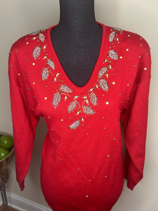 Leslie Faye Red Beaded Sweater