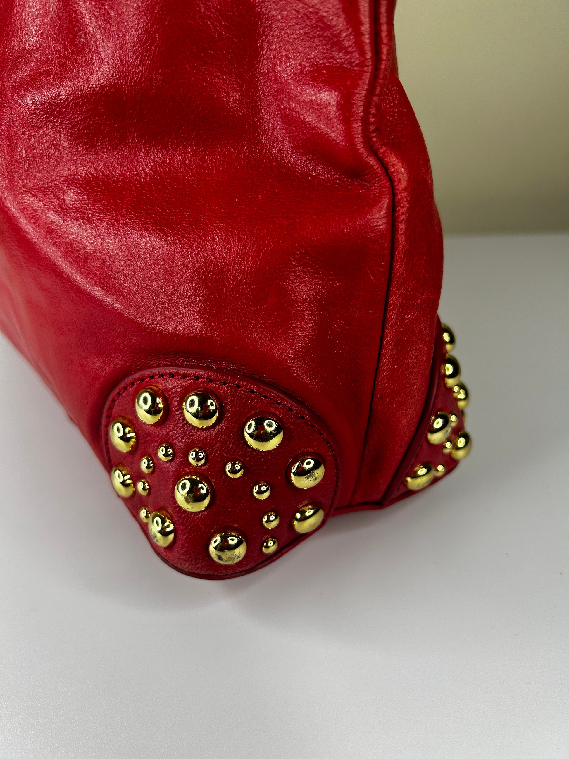 Belle Badgley Mischka Red Purse w Gold Studs Thrift D Vintage Clothing