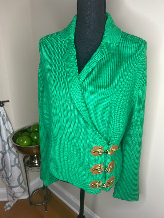 W Worth Green Sweater w/ Gold Hardware and Leather Trim